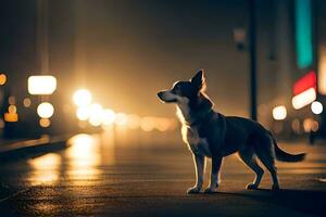en hund stående på en gata på natt med lampor. ai-genererad foto