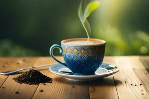 kaffe kopp med te löv på trä- tabell. ai-genererad foto