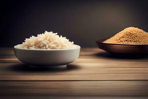 vit ris och brun ris på en trä- tabell. ai-genererad foto