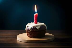födelsedag kaka med ett belyst ljus på topp. ai-genererad foto