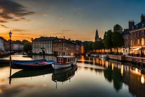 båtar är dockad i en kanal på solnedgång. ai-genererad foto