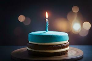 en blå födelsedag kaka med en enda ljus. ai-genererad foto