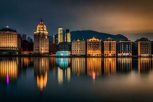 de stad horisont är reflekterad i de vatten. ai-genererad foto