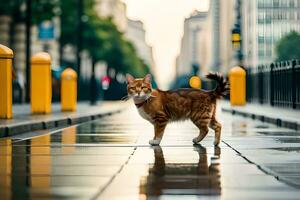 en katt gående på en våt gata i de stad. ai-genererad foto