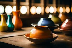 färgrik vaser och skålar sitta på en tabell. ai-genererad foto