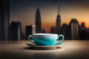 en kopp av kaffe på en tabell i främre av en stadsbild. ai-genererad foto