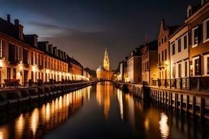 en kanal i de mitten av en stad på natt. ai-genererad foto