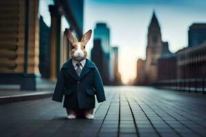 en kanin klädd i en kostym och slips stående på en gata. ai-genererad foto