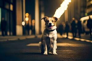 en hund Sammanträde på de gata på natt. ai-genererad foto