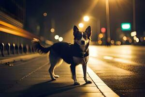 en hund stående på de gata på natt. ai-genererad foto