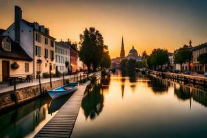 en kanal i de mitten av en stad på solnedgång. ai-genererad foto