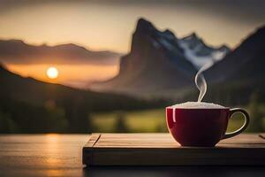 kaffe kopp med bergen i de bakgrund. ai-genererad foto