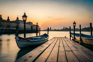 båtar på de docka på solnedgång i Venedig. ai-genererad foto