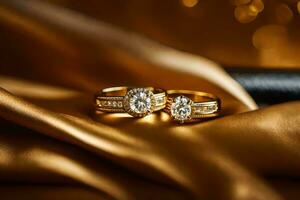 två guld bröllop ringar på en guld bakgrund. ai-genererad foto