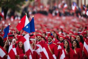 en grupp av människor i röd och vit uniformer och flaggor. ai-genererad foto