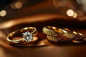 guld bröllop ringar med diamant. ai-genererad foto