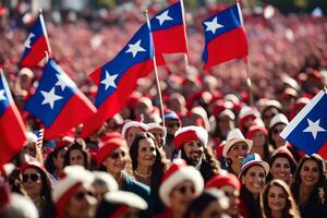 en folkmassan av människor innehav chilenska flaggor. ai-genererad foto