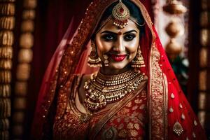 en skön indisk brud i traditionell röd och guld. ai-genererad foto