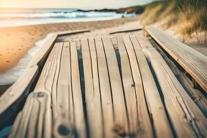 trä- gångväg på de strand på solnedgång. ai-genererad foto