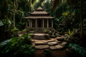 en pagod i de djungel omgiven förbi träd. ai-genererad foto