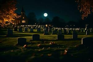 en kyrkogård med gravstenar och en full måne. ai-genererad foto