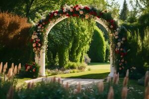 ett archway med blommor och grönska i de trädgård. ai-genererad foto