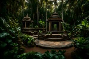en tempel i de djungel med träd och växter. ai-genererad foto