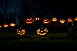 halloween pumpor i de mörk med upplyst ansikten. ai-genererad foto