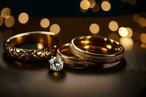 guld bröllop ringar med diamant. ai-genererad foto