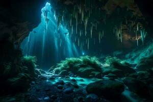 en grotta med en ljus lysande genom Det. ai-genererad foto