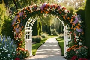 ett archway med blommor och grönska i de trädgård. ai-genererad foto