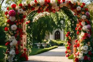 en skön archway dekorerad med blommor. ai-genererad foto