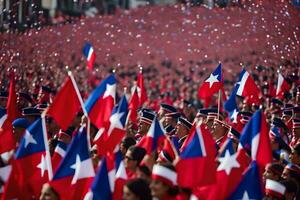en stor folkmassan av människor innehav chilenska flaggor. ai-genererad foto
