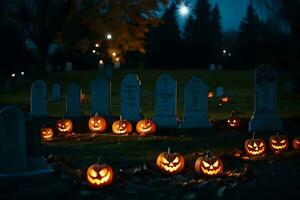 halloween pumpor i en kyrkogård på natt. ai-genererad foto