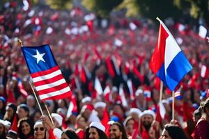 en folkmassan av människor innehav amerikan och puerto rican flaggor. ai-genererad foto