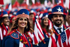 en grupp av människor bär amerikan flaggor och hattar. ai-genererad foto