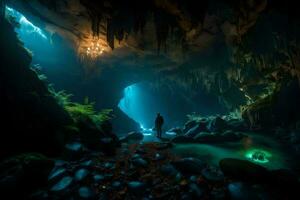 en man stående i de mitten av en grotta med ljus kommande från de ingång. ai-genererad foto