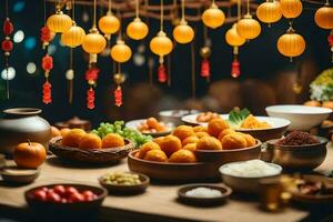 kinesisk ny år middag tabell med mat och dekorationer. ai-genererad foto