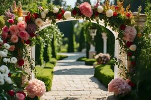 en skön archway med blommor och grönska. ai-genererad foto