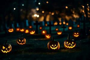 halloween pumpor i en kyrkogård på natt. ai-genererad foto