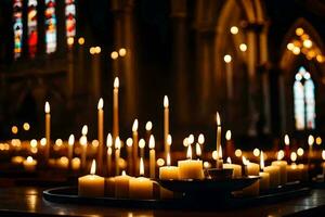 ljus är belyst i en kyrka med ljus i de bakgrund. ai-genererad foto