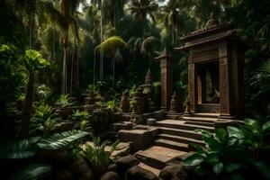en tempel i de djungel med träd och växter. ai-genererad foto