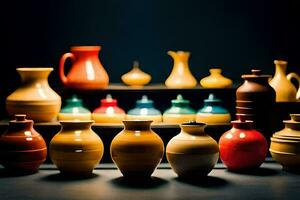 en rad av färgrik vaser på en tabell. ai-genererad foto