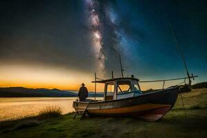 en båt sitter på de Strand under en starry himmel. ai-genererad foto