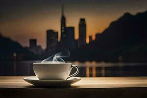 en kopp av kaffe på en tabell med en stad i de bakgrund. ai-genererad foto
