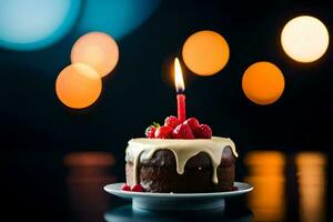 en små födelsedag kaka med en enda ljus. ai-genererad foto