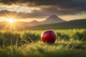 en röd äpple i de fält. ai-genererad foto