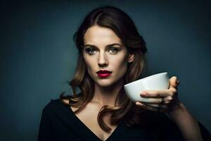 en kvinna innehav en kopp av kaffe. ai-genererad foto