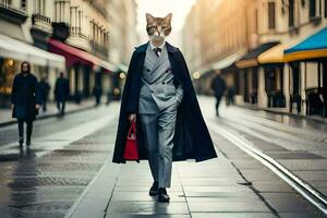 en katt bär en kostym och slips gående ner en gata. ai-genererad foto