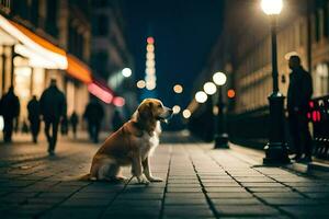 en hund Sammanträde på de trottoar på natt. ai-genererad foto